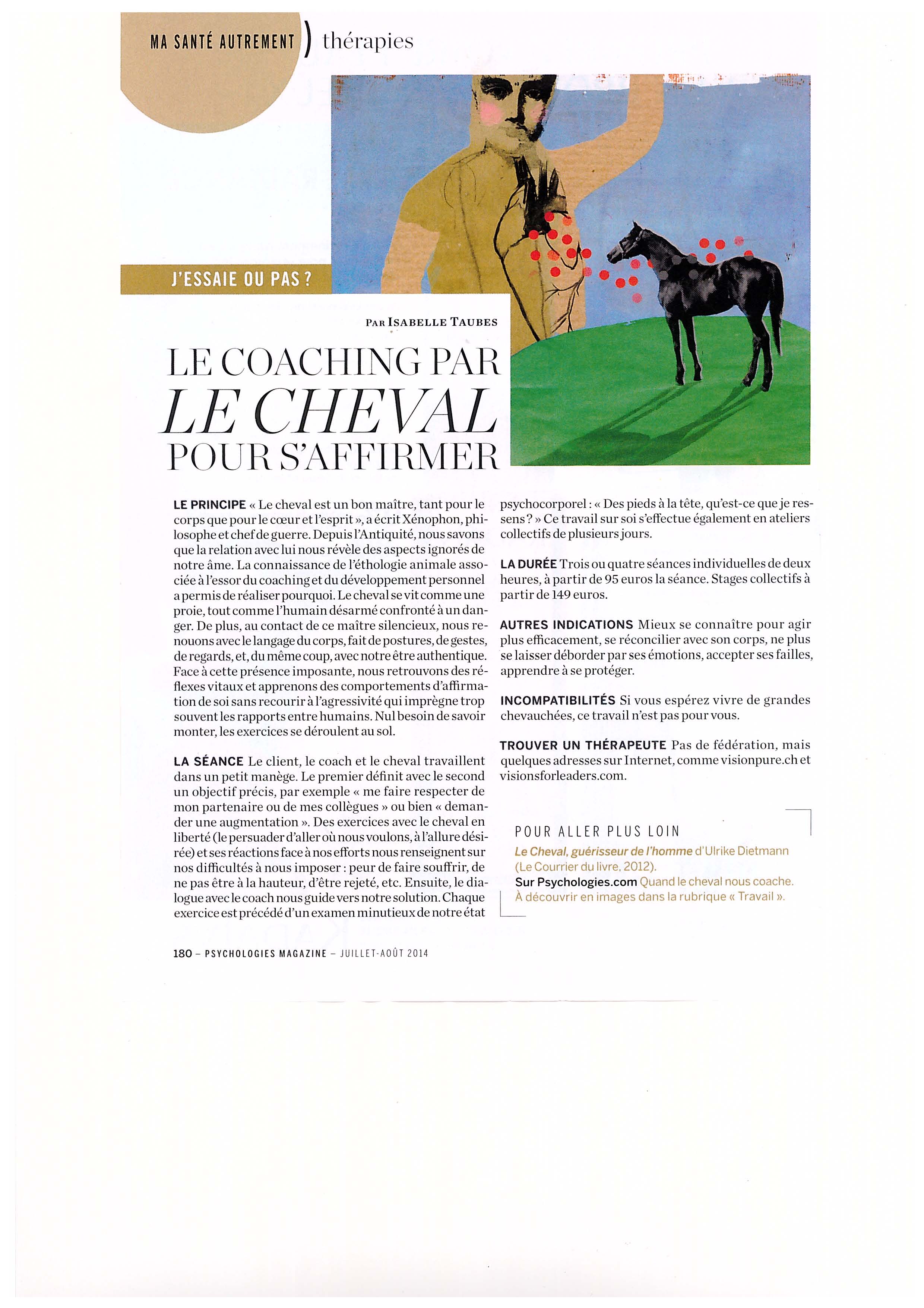 Article Psychologies Magazine Coaching par le cheval juillet août 2014